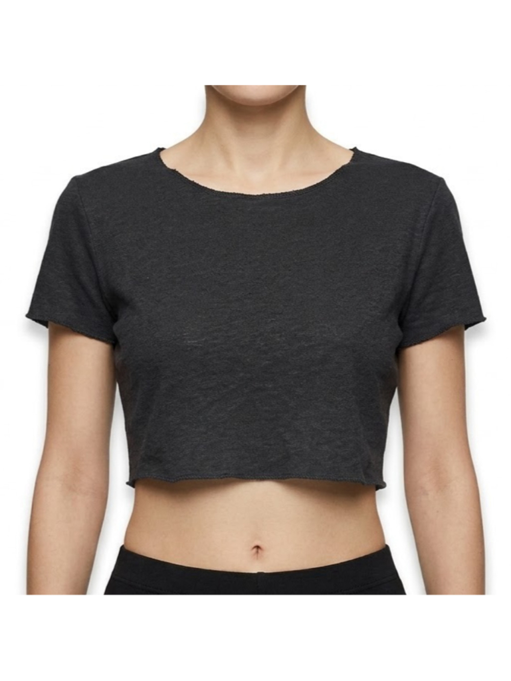 ZARA Black Linen Blend Short Sleeve Raw Hem Crop Top Shirt Womens Medium